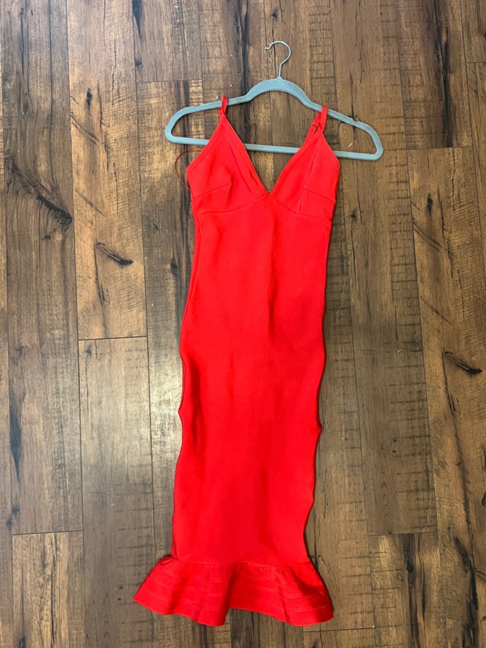 PrettyLittleThing Red Midi Bodycon Dress with Ruffle Hem